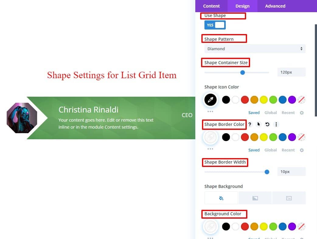 Divi list grid item design-3 shape settings