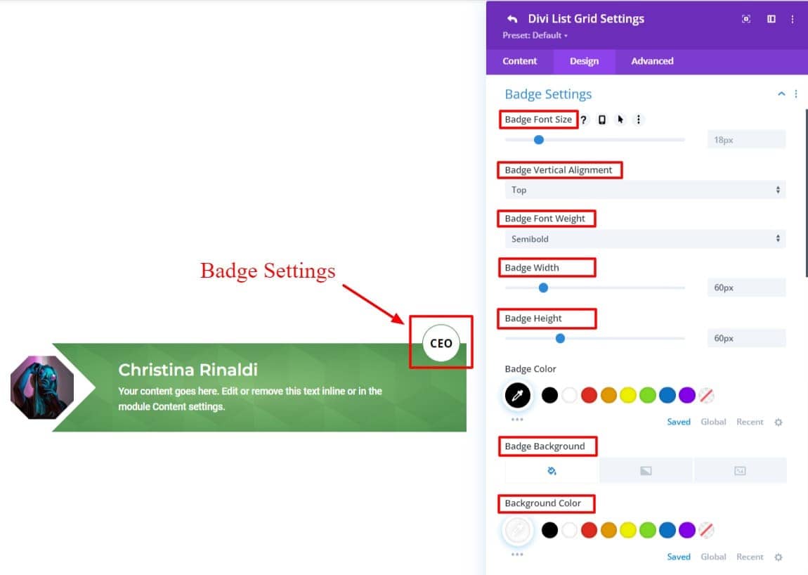 Divi list grid item design-3 badge settings