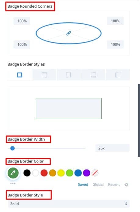 Divi list grid item design-3 badge border settings