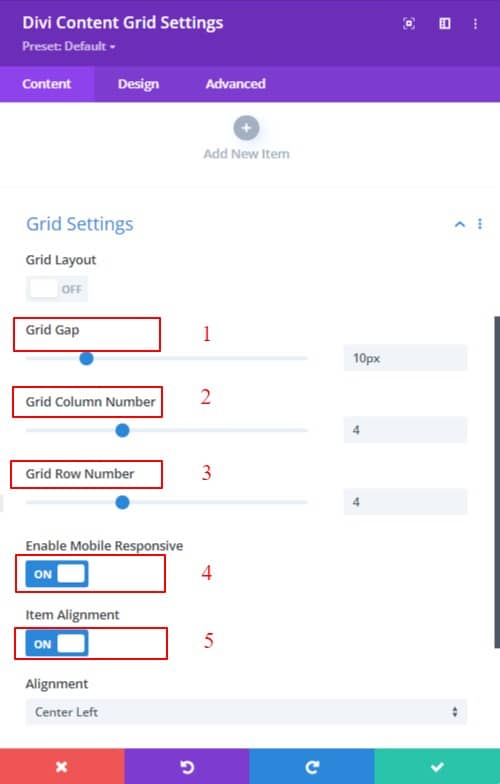 Content Grid Content settings